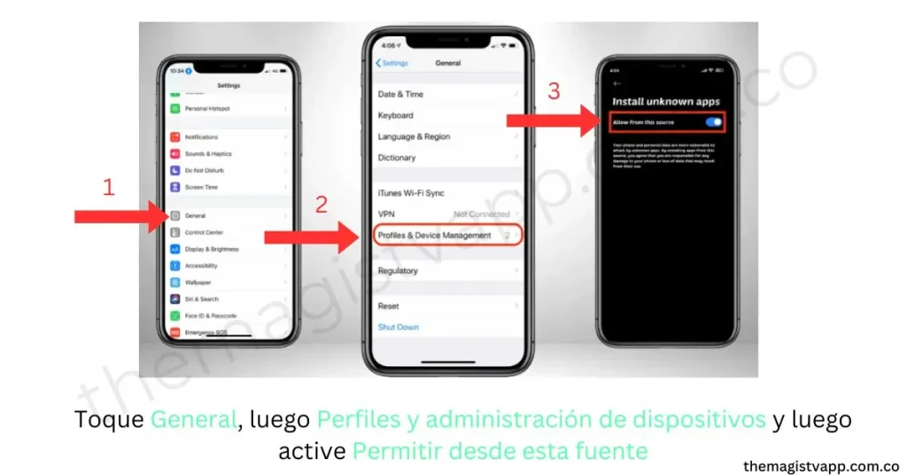 Descargar Magis TV para iOS/iPhone v5.8.1: Transmite de forma más inteligente y rápida 2 Toque General, luego Perfiles y administración de dispositivos y luego active Permitir desde esta fuente