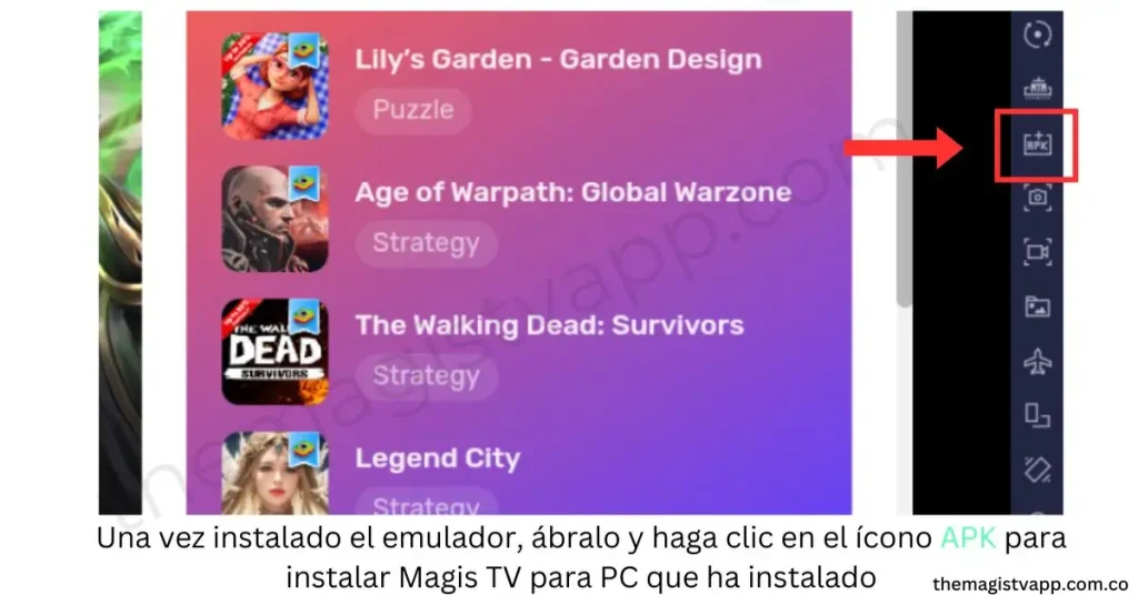Descargar Magis TV para PC: La mejor experiencia de streaming en tu ordenador 2 Una vez instalado el emulador, ábralo y haga clic en el ícono APK para instalar Magis TV para PC que ha instalado